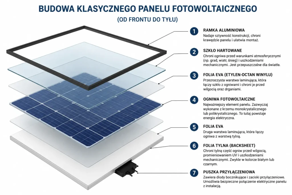 schemat budowy klasycznego panelu fotowoltaicznego
